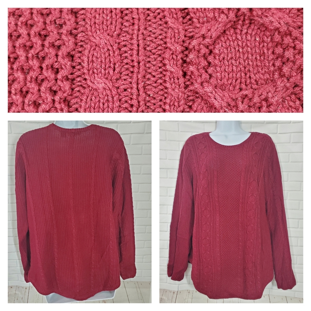 Jeanne Pierre Burgundy Fisherman Cable Knit Sweater